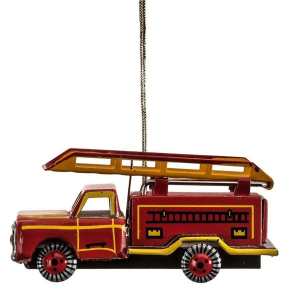 Tin Fire Engine Ornament Nostalgic Moving Wheels Ladder Holiday Christmas Gift - Picture 1 of 2